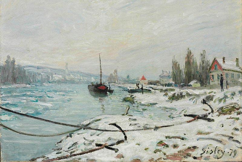 Alfred Sisley Mooring Lines, the Effect of Snow at Saint-Cloud